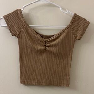 American Eagle Outfitters Tan Ribbed Off-Shoulder Top
